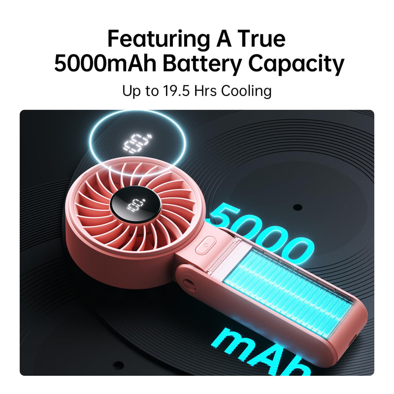 JISULIFE Handheld Fan Life7 – Ultimate Flexibility: High-Power Motor, LED Display, 19.5 Hrs Cooling, 5000mAh Rechargeable, 5-Speed, Foldable Design, 3-IN-1 Portable Fan for Travel Cruise Beach(Pink) Pink