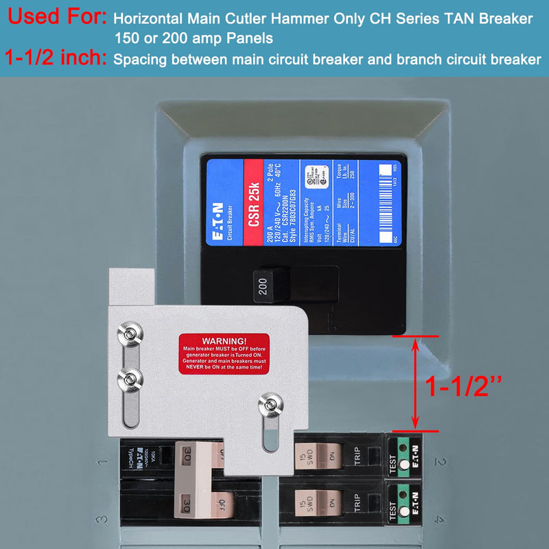 Generator Interlock Kit Compatible with Eaton Cutler Hammer Only CH SERIES TAN Breaker 150 and 200 amp Panels,Generator Horizontal Electrical Interlock Kit,1 1/2 in Spacing Between Main Branch Breaker
