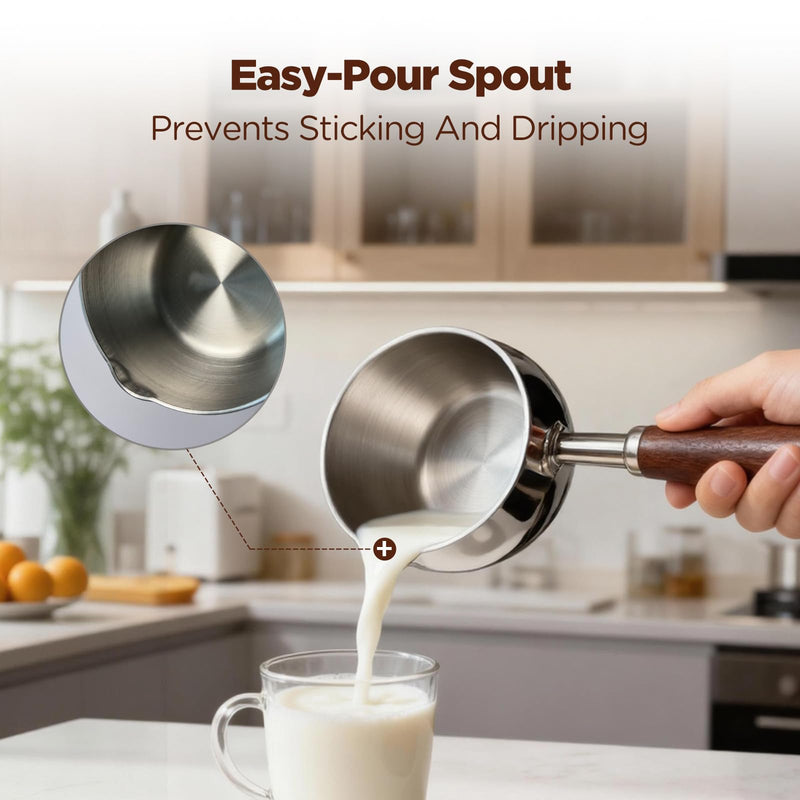 Milk & Butter Warmer Pot, 17oz Stainless Steel Small Sauce Pan with Wooden Handle, SUS304 Induction Compatible for Heating Milk, Melting Butter, Chocolate, Warming Syrup, Easy to Clean(BP-01) Silver