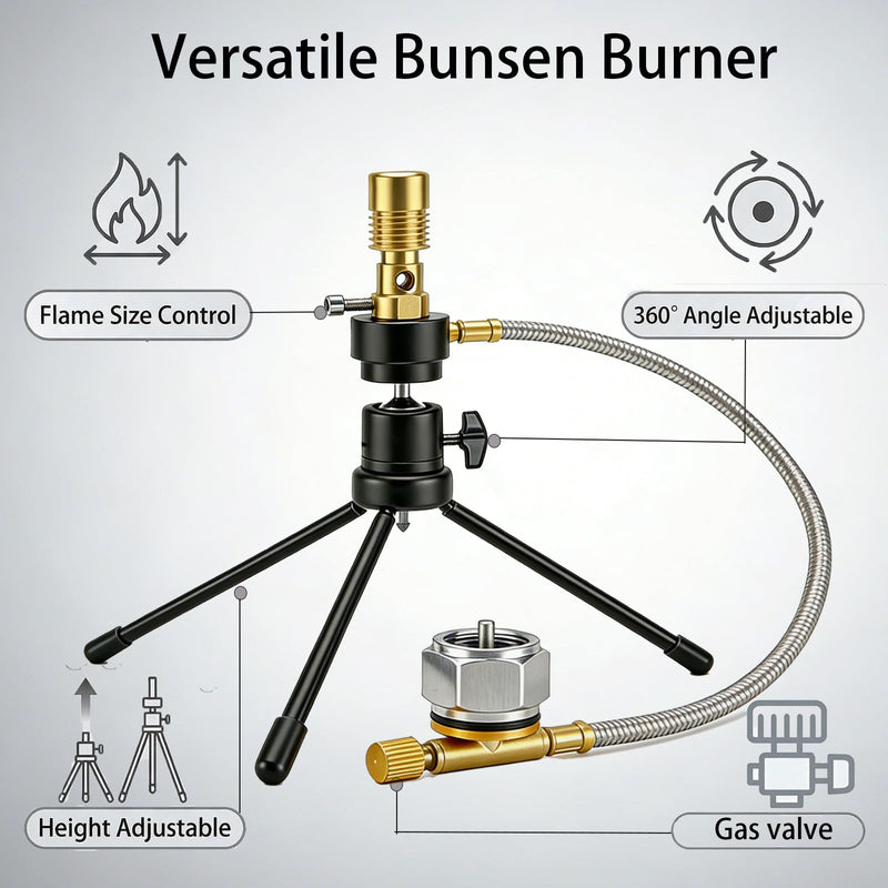 UCRXPLAB Propane Bunsen Burner with Tripod and Air Intake Adjuster, Direction and Height Adjustable for Lab Heating Picnic Camping Travel and Gas Welding (Propane Tank not Included)