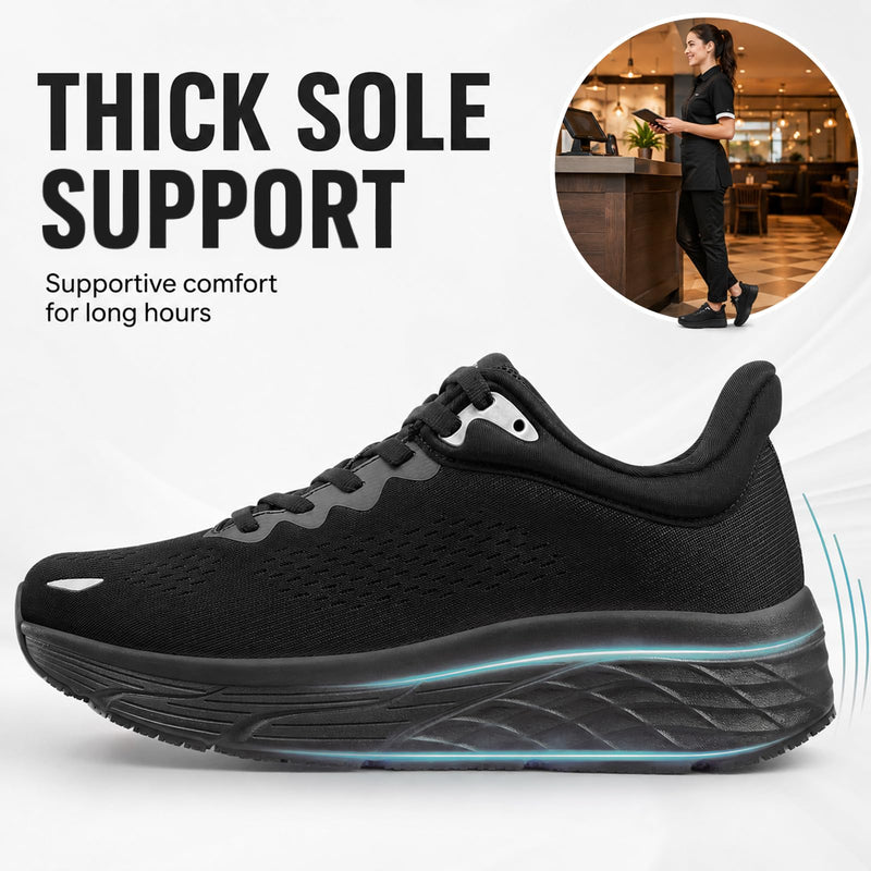 Black Non Slip Work Shoes for Women, Water-Resistant Kitchen & Restaurant Sneakers, Cushioned Thick Midsole for All-Day Standing, Chef & Food Service Footwear 8 Black-mesh