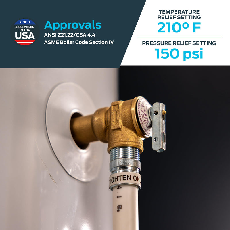 Cash Acme 3/4 Inch NCLX-5L Temperature and Pressure Relief Valve, Push to Connect Brass Plumbing Fittings, Copper, CPVC Pipe, 150 PSI, 18821-0150
