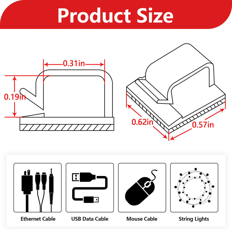 100PCS Cable Clips, Adhesive Wire Clips Organizer Cord Clips Management, Cable Staples Outdoor Strong for Wall, Desk, Christmas Lights, String Lights, Fairy Lights, Clear Glossy, Small