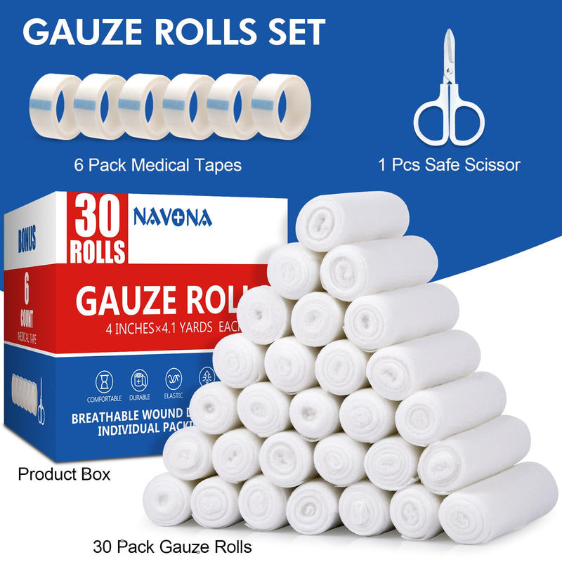 30 Pack Gauze Rolls Bandages, 4 in x 4.1 Yards, Individually Wrapped Breathable Rolled Gauze, Mummy Wraps, Premium First Aid Supplies & Medical Supplies for Wounds Pack of 30