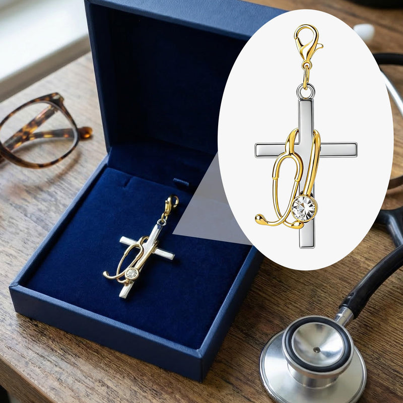 Cross Stethoscope Charm, Stainless Steel Cross Badge Reel Buddy Stethoscope Charm with Rhinestone, ID Holder Clip Badge Holders Reel Accessories for Nurse Doctor Keychains- Gold