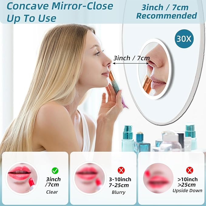 30X Magnifying Mirror with Lights, 30x Magnified Mirror with 3 Color Lights Adjustable Brightness, Rechargeable 6inch Travel Magnification with 3 Suction Cups - Includes Tweezers & Scissors White-30x 6"L x 6"W