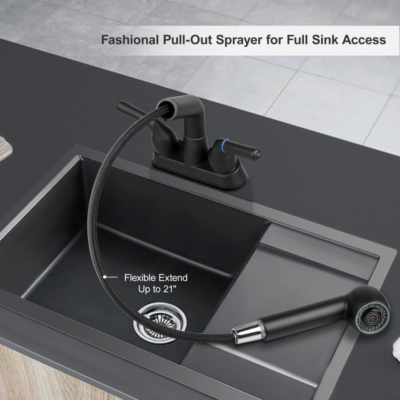 Utility Sink Faucet, Laundry Room Faucet with Pull Out Sprayer, Laundry Tub ABS Plastic Faucet, 4 Inch Centerset 3 Holes Installation Non-Metallic, Matte Black