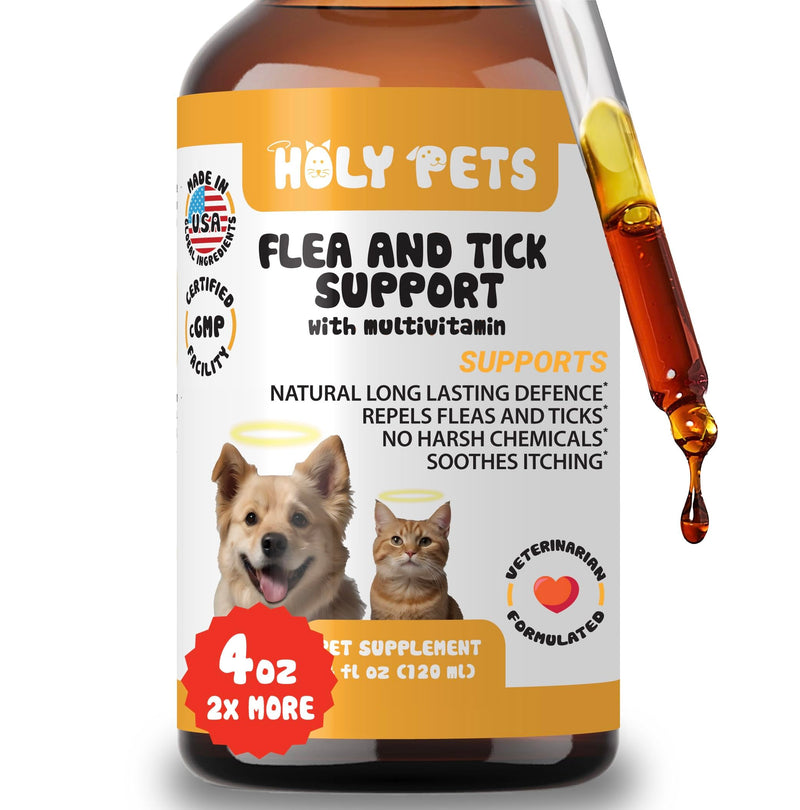 Flea & Tick Oral Drops for Dogs & Cats – Natural Herbal Supplement with B Vitamins – 4 oz, 120 Servings – Safe for All Breeds – Made in USA (4oz) 4oz