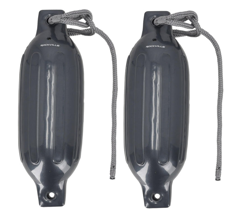 Rockville Boat Fender Package 4.5in x 16in Marine Bumpers with Dock Lines & Pump for Docking and Boat Protection Grey 2-Pack