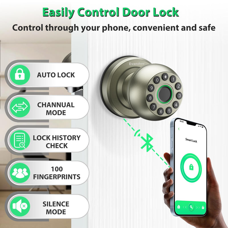Smart Door Knob Fingerprint Door Lock 4-in-1 Keyless Entry (Fingerprint/App/Code/Key) with Auto-Lock Easy Install for Home/Bedroom/Office-Silver Silver