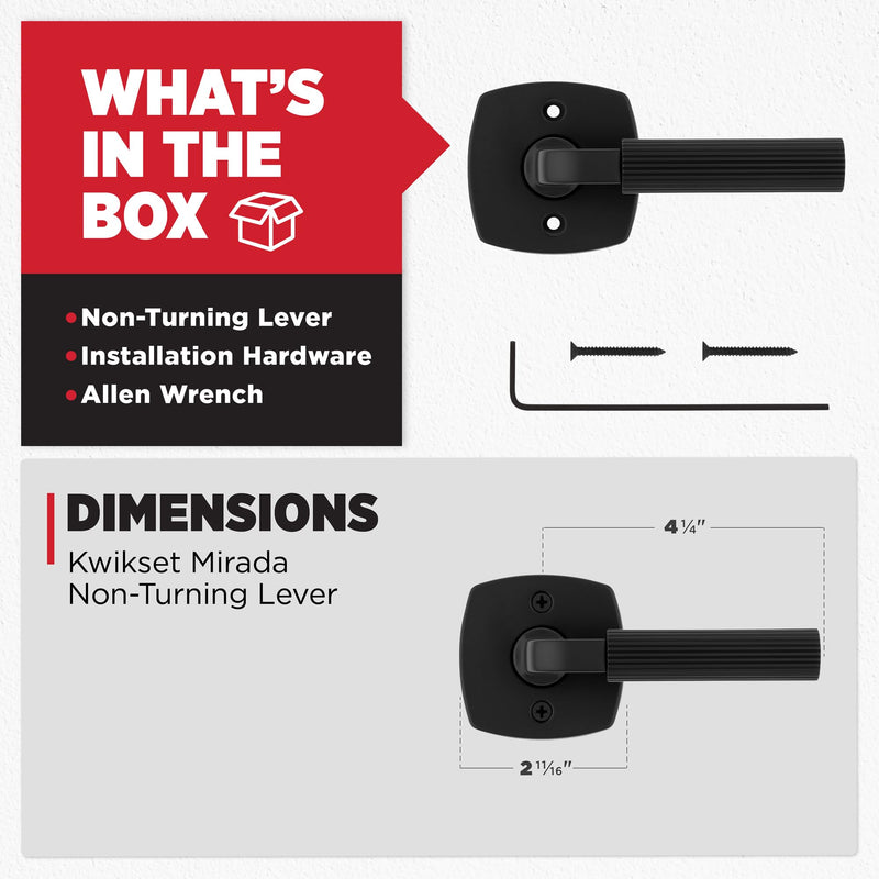 Kwikset Mirada Midtown Dummy Door Handle, Single Sided Lever for Closets, French Double Doors, and Pantry, Matte Black Non-Turning Reversible Interior Push/Pull Lever Faceted