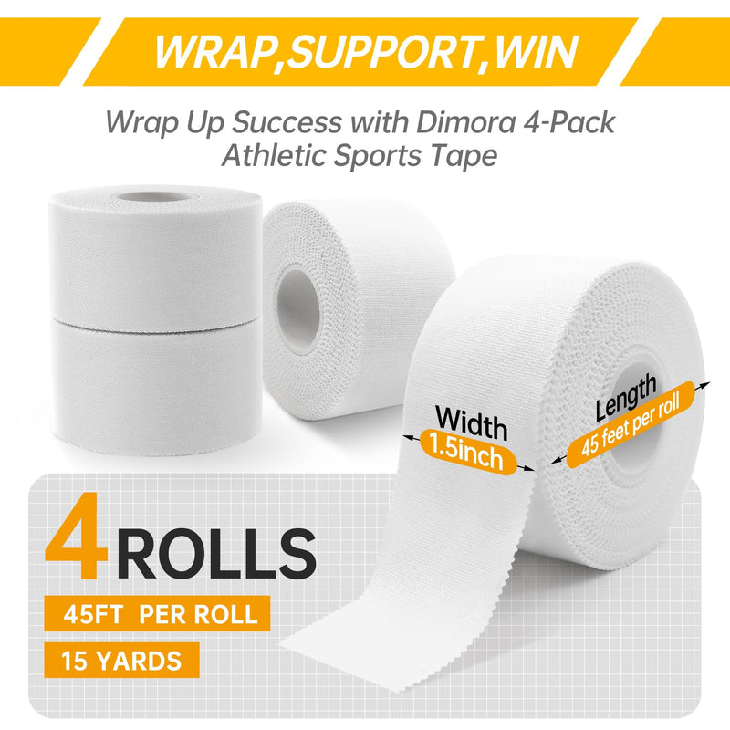 Dimora Athletic Tape, Easy Tear Sports Tape with Serrated Edges, Strong Adhesion, No Residue, Ideal for Gymnastics, Boxing, Lacrosse, Hockey and First Aid (White, 1.5 in x 45 ft, 4 Pack) White Athletic Tape (4 Rolls)