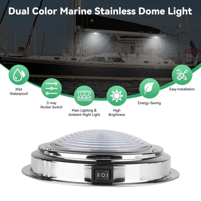 Marine Boat Dome Light Dual Color 7" 12V LED Boat Cabin Light With Toggle Switch, Super Brightness Boat Interior Lights with Stainless Steel Surface Mount (White/Blue) White/Cool Blue