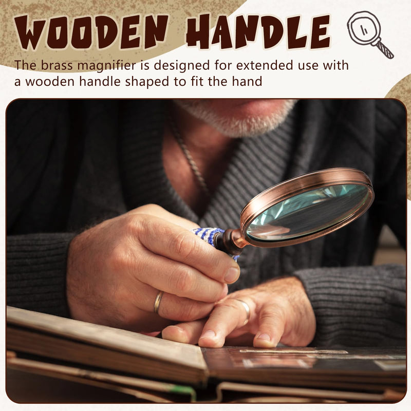 Yunsailing 2 Pack 10x Handheld Magnifying Glass, Vintage Brass Reading Magnifier with Wooden Handle for Seniors, Coin Stamp Jewelry Inspection