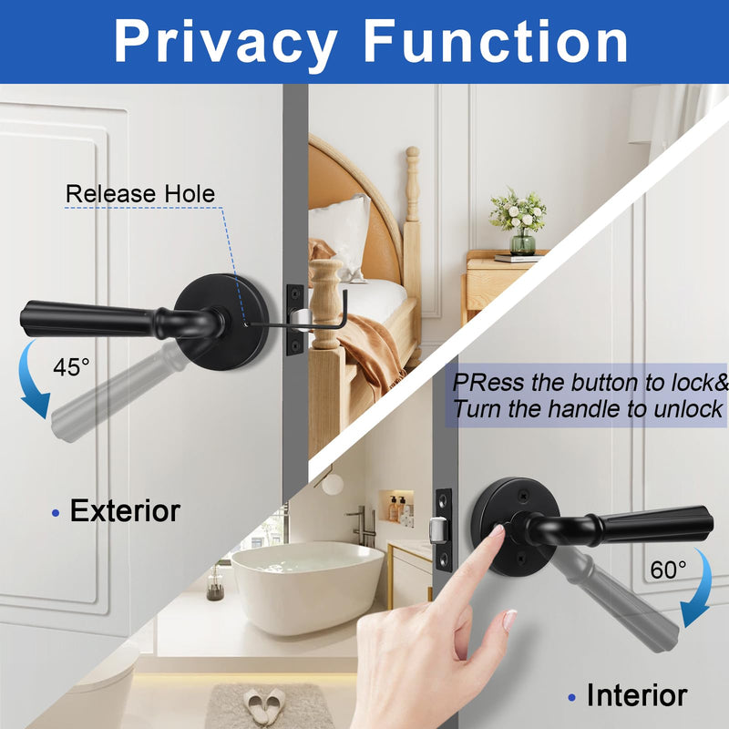 Orger 2 Pack Matte Black Interior Door Handle Round Privacy Door Lever Keyless, Bed and Bath Interior Door Lock Set Left & Right Hand Use, Modern Privacy Door Lock Black Finish, Stainless Steel