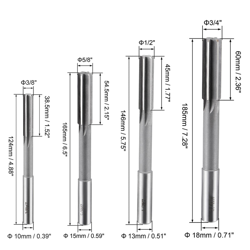 uxcell 3/8" 5/8" 1/2" 3/4" Chucking Reamer H7 Accuracy High Speed Steel Lathe Machine Reamer 6 Straight Flutes Round Shank Milling Cutter Tool Reamer Set for Bore Machining 4pcs