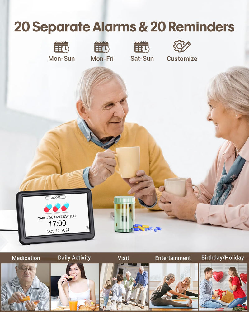 Clock with Day and Date for Elderly, 7" Large Display Digital Calendar Day Clock with 20 Custom Alarms and Medicine Reminders, Dimmable Dementia Alzheimers Clocks for Seniors, Black (Ac Powered) AC Powered