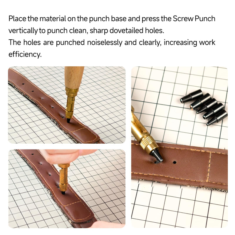 KEARING Wooden Screw Punch - 6 Sizes Adjustable Leather & Paper Hole Punch | Automatic press-down hole punch for bookbinding and leathercraft. Includes 6 interchangeable bits from 1.5mm to 4.0mm.