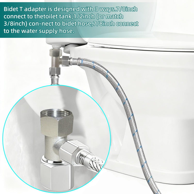 Bidet T Adapter, Metal T-Valve for Bidet (7/8"x 1/2"x 7/8") and (7/8"x 3/8"x 7/8"), 3 Way T-Comnector Bidet Attachment for Toilet Include Washer