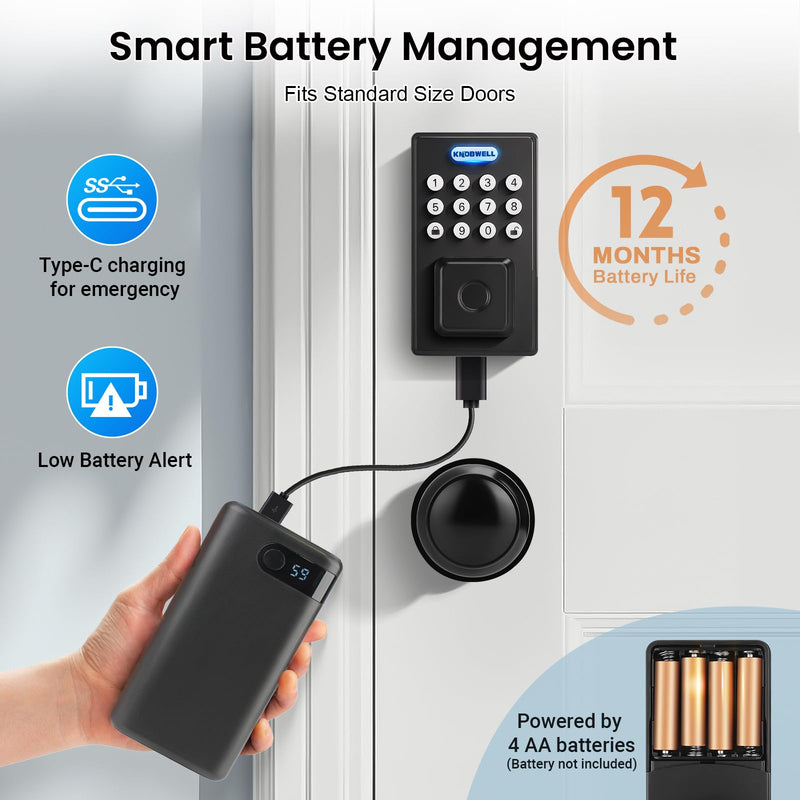 KNOBWELL Fingerprint Door Lock, Passage Door Knob, Black Keyless Entry Electronic Keypad Deadbolt Smart Front Door Lock Set Square Deadbolt
