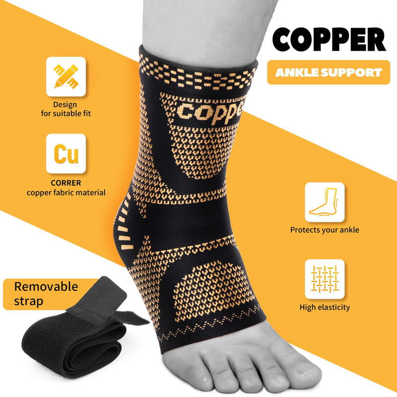 JIUFENTIAN Copper Ankle Brace Adjustable Compression Sleeve (Pair)-Ankle Support Heel Brace for Achilles Tendonitis, Plantar Fasciitis-Eases Swelling and Sprained Ankle(Large) Large Copperblack