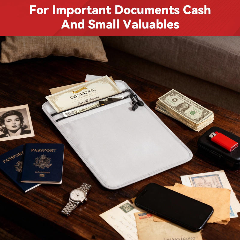 Upgraded Two-Pocket Fireproof Document Bag - Kanhiro 2192℉ Fireproof & Water-Resistant Money Bag with Zipper, Important Document Organizer for Passport, Cash, Valuables, Legal Files Safe 15'' x 11''