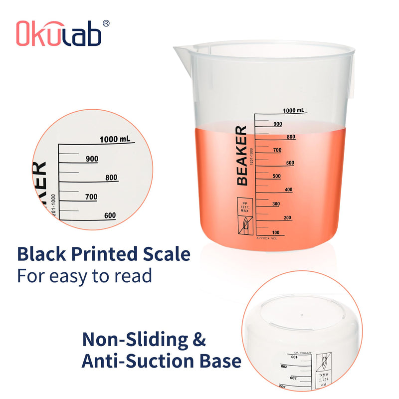 3 Pcs Plastic Beaker Set, 3pcs of 1000ml(33.8oz) Black Graduated Beakers, Lab Beakers Plastic Measuring Cup with Dump Spout and Stacked Side Ribs, Suitable for Mixing and Measuring, BKLP1000A3