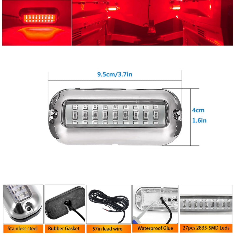 2Pcs Marine LED Boat Light,IP68 Waterproof 27LED Boat Interior Deck Pontoon Transom Led Stern Navigation Trailer Light,1200LM,10-24V(Red) Red