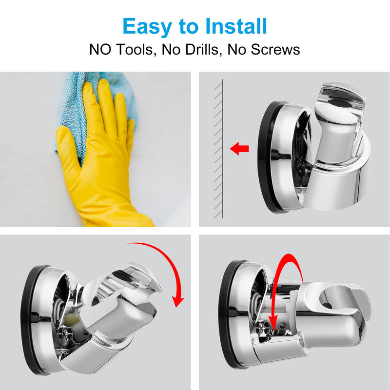 2 Pack Vacuum Suction Cup Shower Head Holder, Removable Shower Head Bracket, Height Adjustable Shower Wand Holder & Wall Mount ABS Plastic Suction Holder for Handheld Shower Head, Chrome 2 Chrome Finish