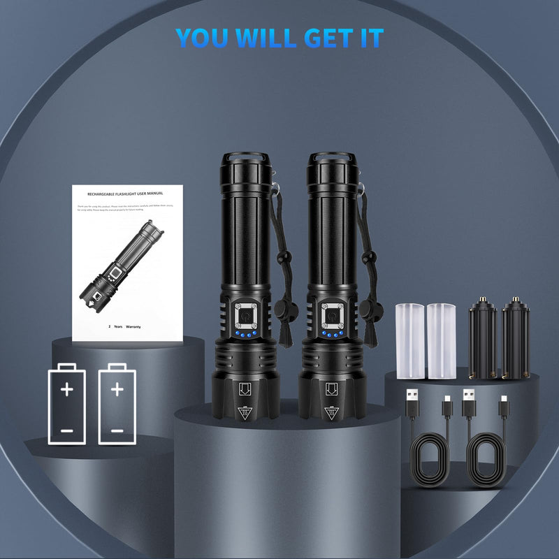 Rechargeable Flashlights High Lumens, 2Pack 99000 Lumen Super Bright Led Flashlight with 5 Modes & 15H Long Runtime, Powerful Waterproof Handheld Flash Light for Home Camping