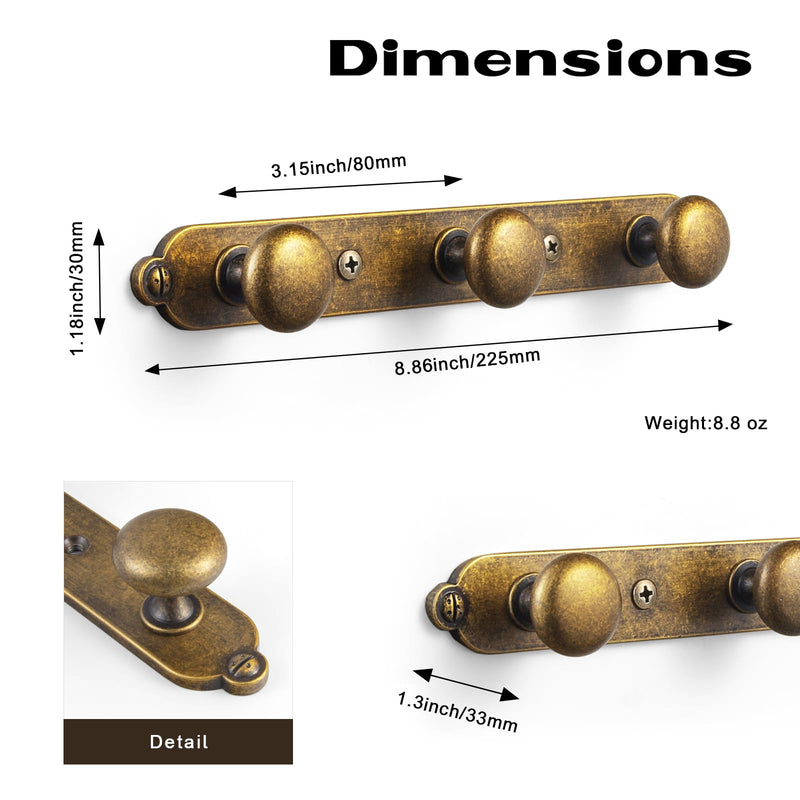 Goo-Ki Antique Brass Zinc Alloy Coat Hook - 3.15 ''（80mm） Hole Center Wall Hook Hardware for Bedroom, Kitchen, 1 Pack（8611-H013-3） 3 Hooks H013