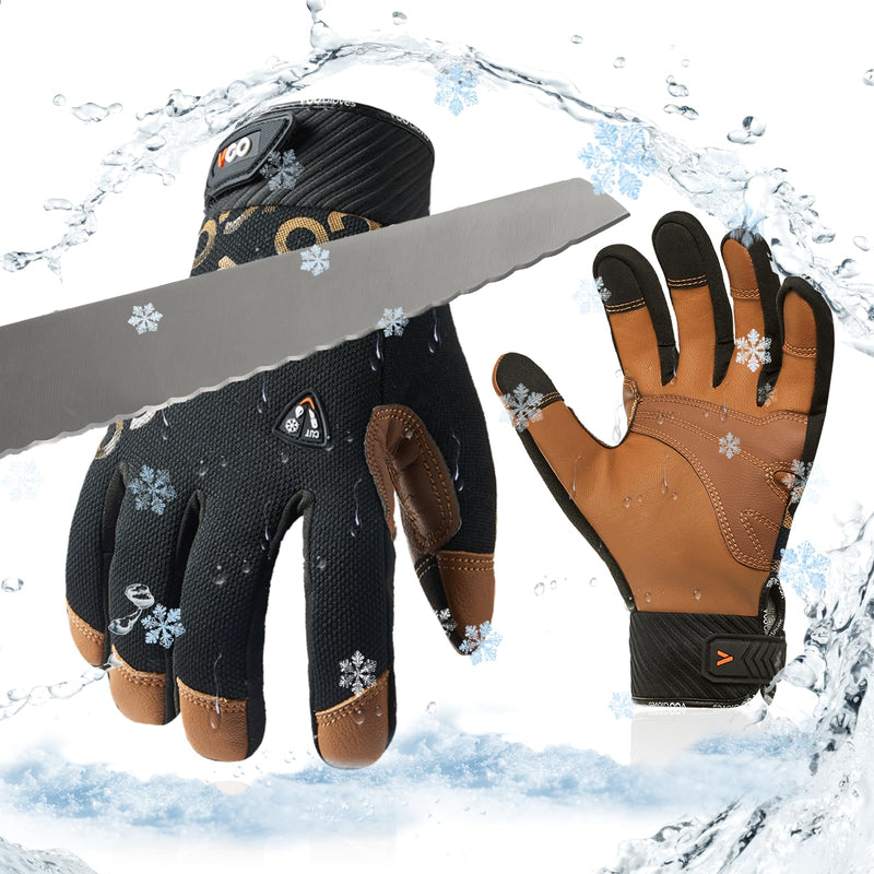 Vgo... Cut Resistant Work Gloves for Men Cold Weather, ANSI Level A5,Goat Leather Mechanic Gloves,Touchscreen(GA9604FWC5) X-Large Brown
