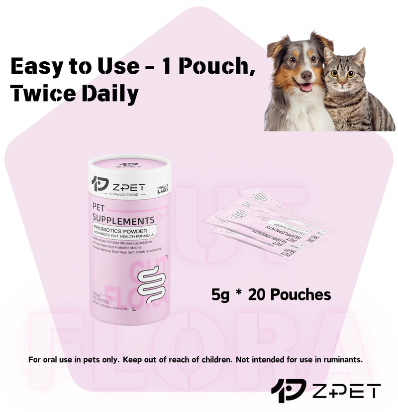 ZPET Probiotics Powder for Dogs & Cats – 5th-Gen Microencapsulation with 3 Patented Strains – Gut Health & Digestive Support – Helps with Diarrhea, Stool Odor & Appetite – 100g (5g×20 Piuches) Mild Sweet
