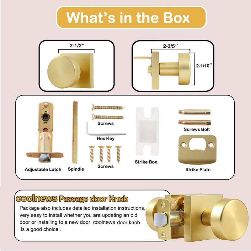 coolnews Brushed Gold Door Knob Passage Door Knobs Interior, Modern Round Door Knob Satin Brass Door Handle for Hallway Pantry Closet