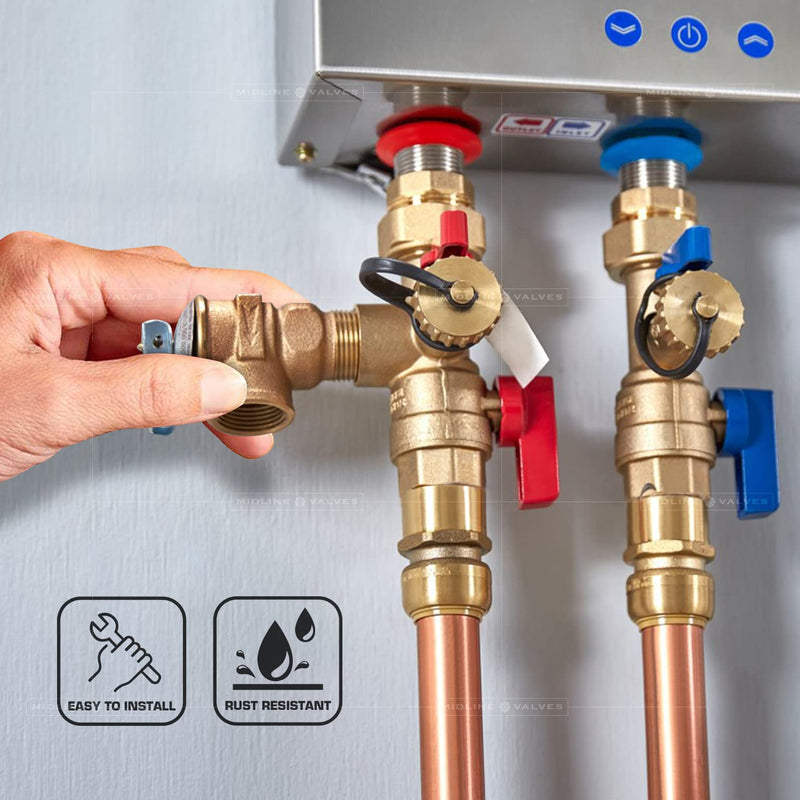 Midline Valve GUHW-QSW256 Pressure Relief Valve for Tankless Water Heater, Forged Brass, 3/4 in. FIP x MIP Single Pack 3/4 in.
