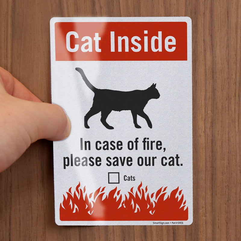 SmartSign (Pack of 3) “Cat Inside - in Case of Fire Please Save Our Cat” Pet Rescue Label Set, One 3.75“x5.5“ & Two 2.75“x4“ - Engineer Grade Reflective Decals, Red, Black and White, Made in USA 3 Pack 3.75" X 5.5" and 2.75" X 4" Label Set