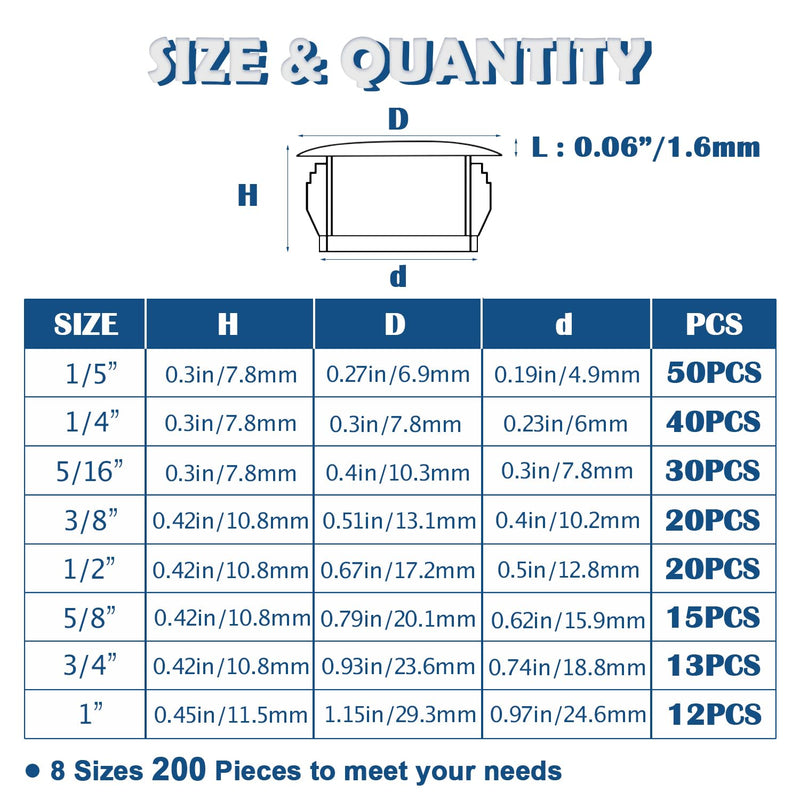 200PCS 8 Sizes Plastic Hole Plugs for Round Holes White Hole Plug Round Drill Door Screw Hole Plugs 1/5" 1/4" 5/16" 3/8" 1/2" 5/8" 3/4" 1" White