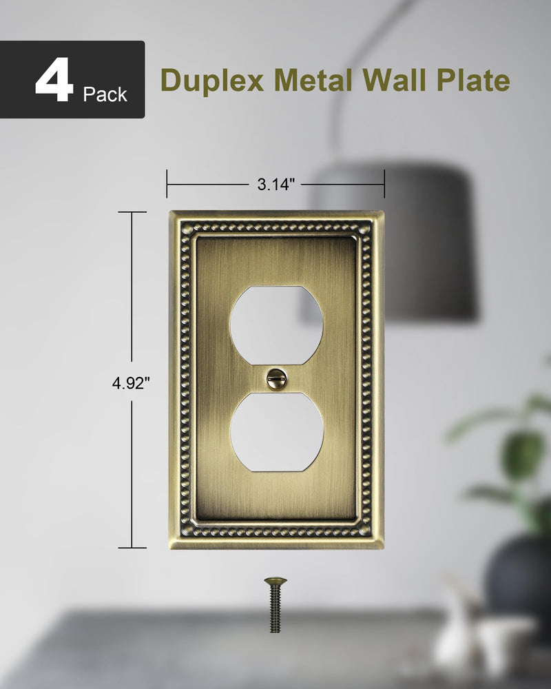 4-Pack Duplex Outlet Cover Plate, Antique Brass Metal Wall Plates for Electrical Outlets, 1 Gang Receptacle Cover, Pearls Decorative Switch Plates and Outlet Covers Single Duplex 4PK