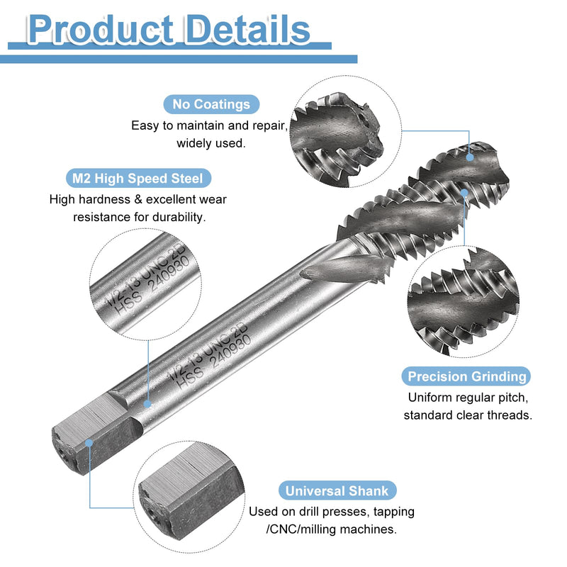 uxcell 2pcs Spiral Flute Thread Taps 1/2-13 UNC 2B Machine Threading Tap Bit, Uncoated Screw Tapping Repair Tool, M2 High-Speed Steel (HSS)