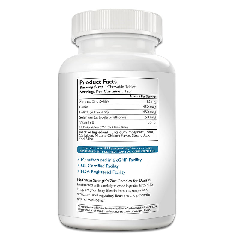 Nutrition Strength Zinc for Dogs to Support Healthy Skin & Coat, Promote Normal Growth, Balanced Immune Function & Cellular Metabolism, with Biotin, Folate, Selenium & Vitamin E, 120 Chewable Tablets - PawsPlanet Australia