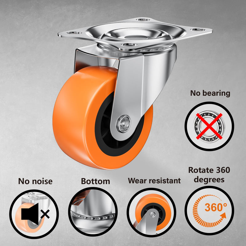 1.5 Inch Casters, ASHGOOB Caster Wheels/Casters Set of 8, 360° Swivel Universal Plate Caster Wheels for Storage Box/Small Furniture/Kitchen Appliances, Orange Polyurethane (PU) Castors (8 Pack) 1.5inch 8p