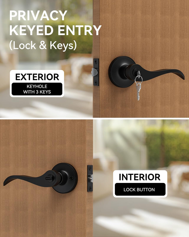2 Pack Entry Black Door Handle with Lock and Key, Keyed Different Door Levers Interior Exterior Handle Lock, Reversible Front Entrance for Bedroom Wave Style Lever Handles 2 Pack Matte Black