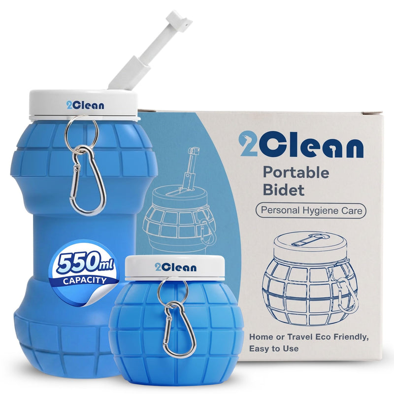 2Clean Portable Bidet Travel Handheld Compact - Collapsible & Expandable Sprayer for Women, Pressure Camp Size Companion, Handy Toilet Hygiene Water Spray, Personal Held Cleansing Tool - 550ml (Blue) Blue