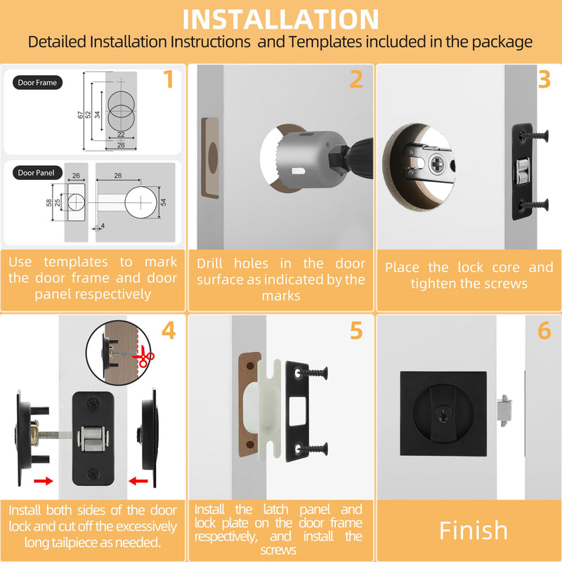 Matte Black Pocket Door Lock with Key, Pocket Door Pull Handle with Lock Square Door Lock for Privacy Sliding Door Bifold Bathroom Door Locks and Pulls Hardware Entry (with Key) Matte Black