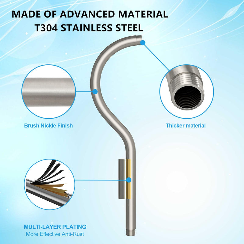 Lordear Shower Extension Arm Solid Brushed Nickel T304 Stainless Steel 17 Inch Extension Shower Arm with Flange Shower Head Pipe For Rain Shower Heads