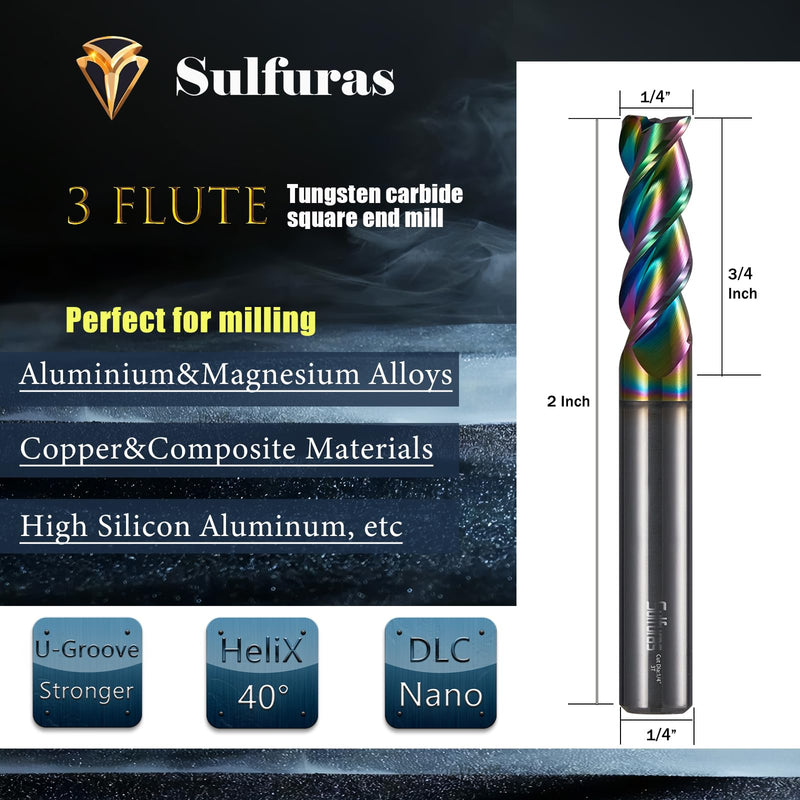 3-Flute Carbide Square Nose End Mill Set - 1/4", Ideal for Milling Aluminum, Copper, Magnesium Alloys,etc. DLC Coating for Professional Results, Perfect for Pro and DIY Projects (5Pcs, 1/4) 1/4 in 5