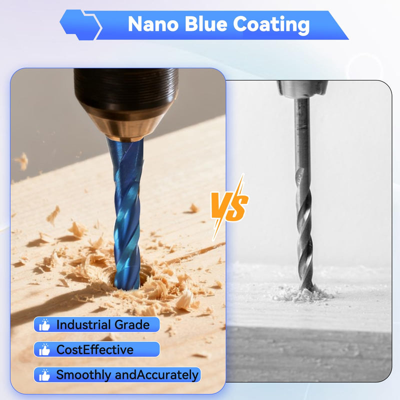 CNC Router Bit 1/8" Cutting Dia 1/4" Shank 3-Flute Extra Long End Mills | Upcut Spiral Solid Carbide End Mill with Blue Nano Coating for Wood, PVC, Aluminum PVC Engraving, 2PCS