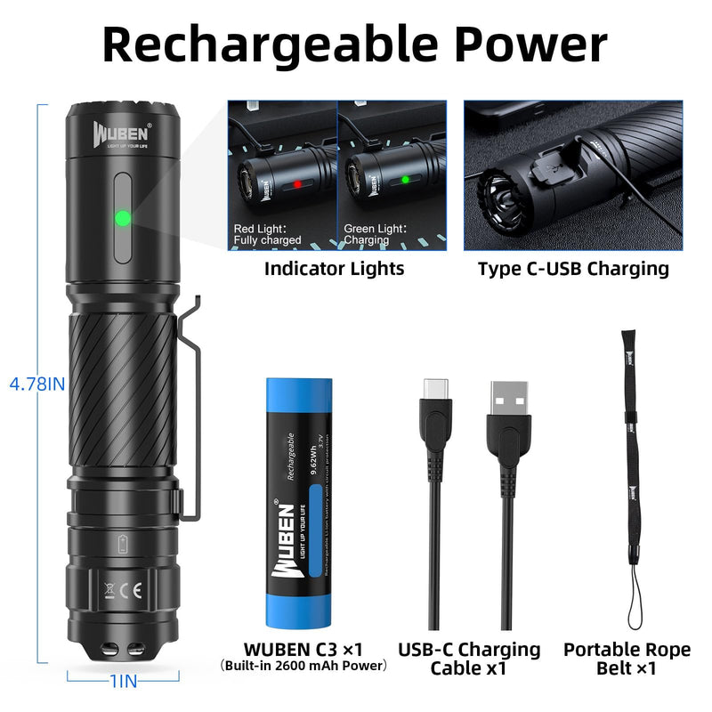 WUBEN C3 Rechargeable Flashlight 1200 High Lumens Super Bright, LED Tactical Flashlights, Powered EDC Flash Light IP68 Waterproof, 6 Light Modes for Camping, Emergency, Outdoor, Rescue, Inspection Gray