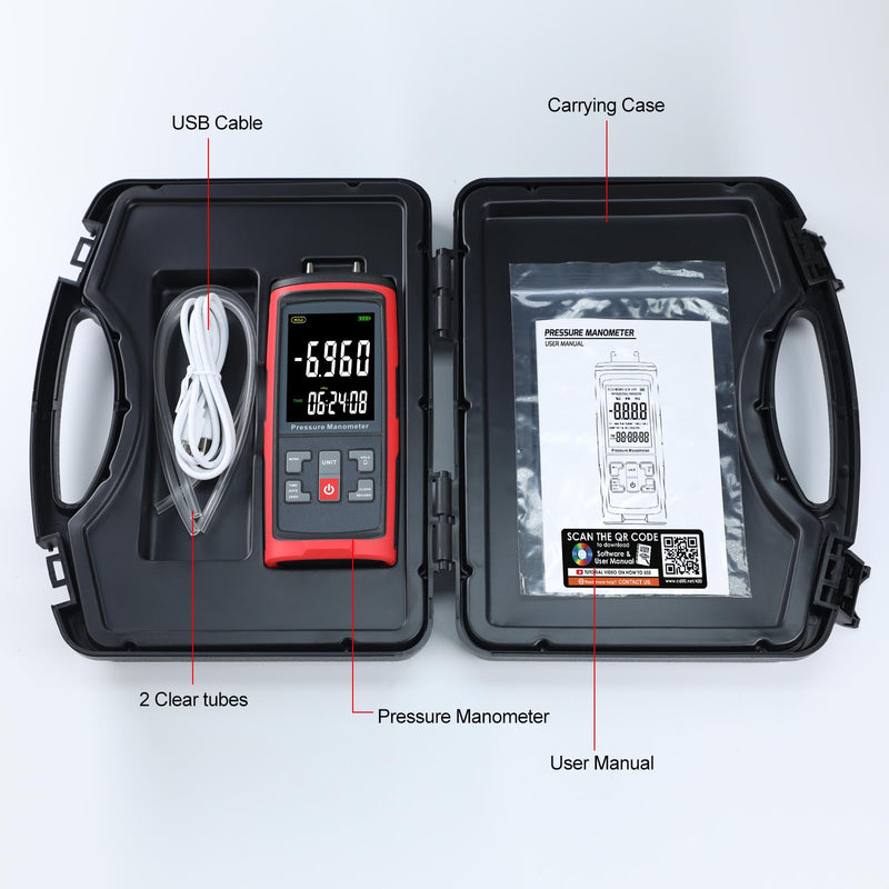 Manometer Data Logger Digital Manometer Gas Pressure Tester with ±200 inH2O Measuring Range, Differential Pressure Gauge 13 Selectable Units Manometer HVAC with Large LCD Screen