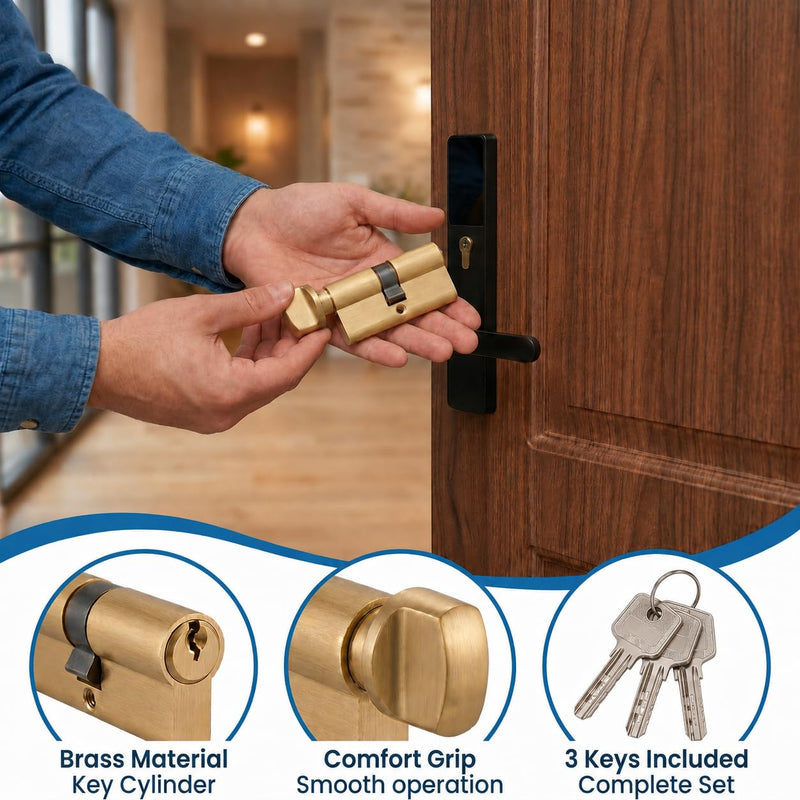 65mm Euro Profile Lock Cylinder with 3 Keys, 27.5/10/27.5 Single Open Brass Door Lock Cylinder, Anti-Rust Corrosion Resistant Anti-Theft Replacement Cylinder for Wood, Metal, Satin Brass